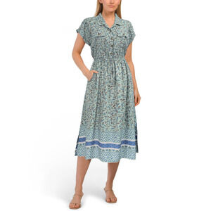 NWT Lucky Brand Women's Border Floral Print Button Front Shirt Midi Dress